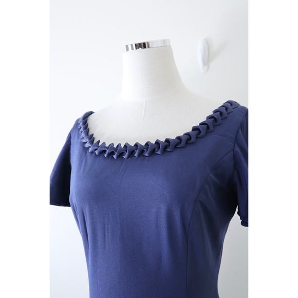 Roland Nivelais Size 6 100% Silk Sheath Cocktail Dress Pleated Hem Navy Blue - Picture 4 of 14